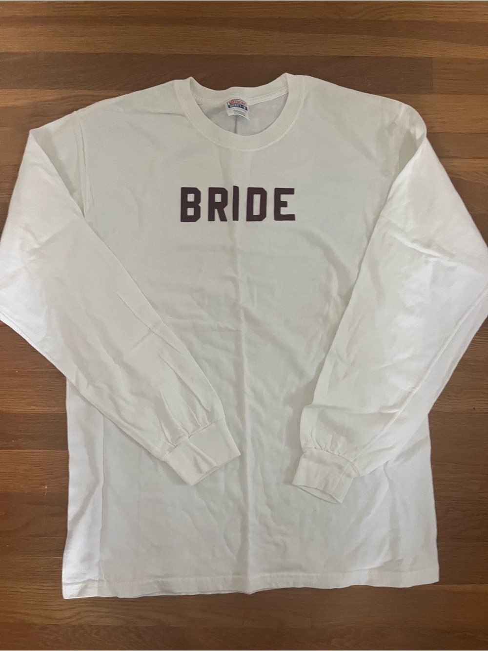 Hanes White Long-Sleeve Crewneck with Maroon BRIDE Text